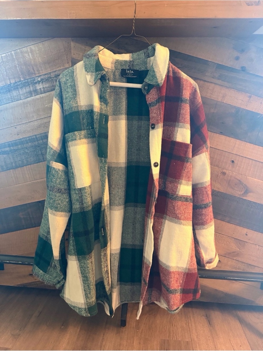 Dressed in LALA Half & Half Plaid Flannel Shirt in Green and Maroon - M